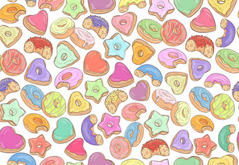 Donuts seamless pattern. Colorful yummy donuts background. Sweet food, delicious food illustration. Bakery shop,cafe wallpaper. Color doughnut different color and shape. Donuts print. Doughnut glazed