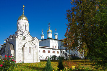 Fototapeta na wymiar Pavlovskaya Sloboda, Russia - September, 2020: Exterior of the Temple complex. Temple of the Annunciation