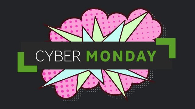 Animation of cyber monday text over retro speech bubble on dark background