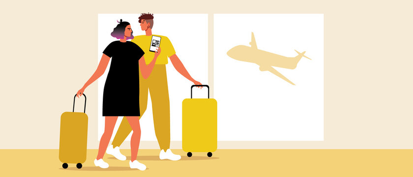 LGBTQ couple at the airport, Flat vector stock illustration, People are waiting for the flight. Lesbian couple with luggage or LGBT family