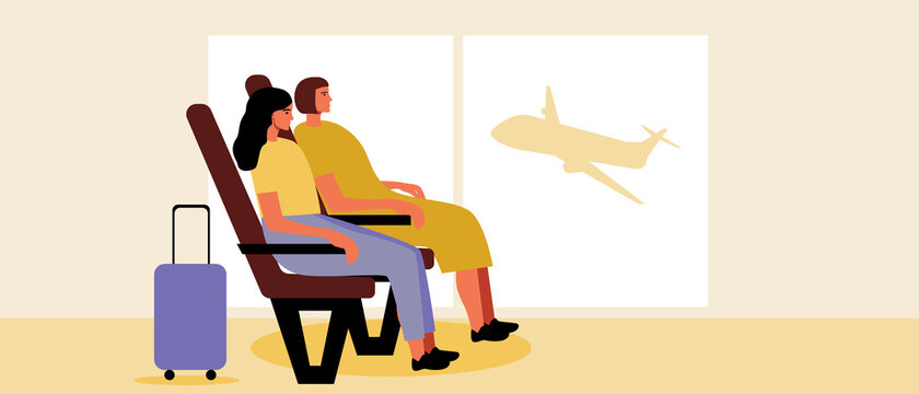 LGBTQ couple in airport lounge, Flat vector stock illustration with LGBT passengers with suitcase, Lesbian women couple in waiting for flight