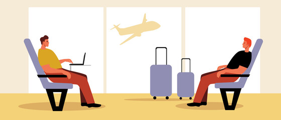 Freelancer in an airport lounge, flat vector stock illustration with a man working, waiting for a flight and people in a waiting room