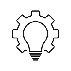 Bulb in Gear outline icon - cogwheel with lightbulb inside symbol in thin line style