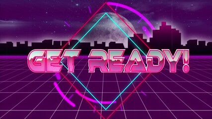 Animation of get ready in digital abstract space with city - Powered by Adobe