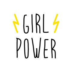 Slogan para poster. Banner con texto manuscrito Girl Power con relampago lineal en color amarillo y negro