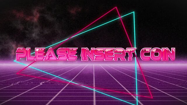 Animation of please insert coin in digital abstract space