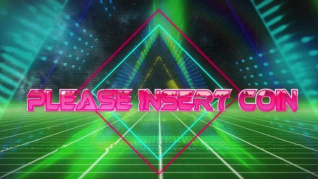 Animation of please insert coin in digital abstract space