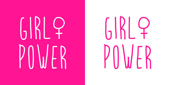 Slogan para poster. Banner con texto manuscrito Girl Power con s&iacute;mbolo feminista lineal en fondo rosa y fondo banco