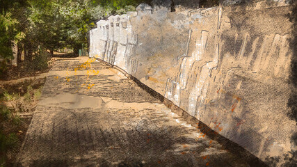 Obraz premium Empty sidewalk along a white stone fence.