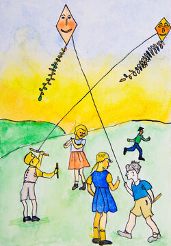 Children's painting of children with kites