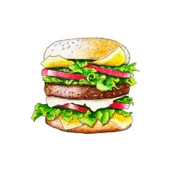 Burger hamburger sketch hand drawing pencil, isolated, white background. Vector illustration