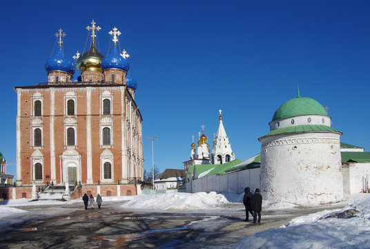 Ryazan, Russia - March, 2021: Spaso-Preobrazhensky Monastery in winter day