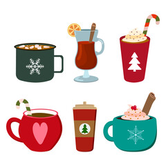 Holiday hot winter drinks set: coffee cups with cream, mugs with marshmallows, mulled wine. Vector illustration. Isolated on white background.