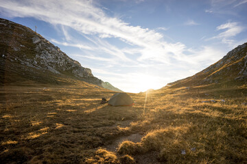 Tent on high plateau against sun, Hochplatte, Bavaria, Germany
