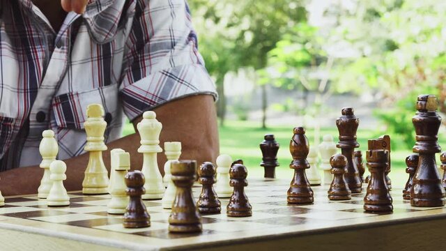 Group of old friends playing chess at the park