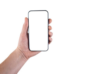 hand holds smartphone on white background