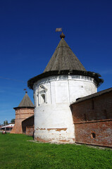 Yuryev-Polsky, Vladimir Oblast, Russia - September, 2020: Mikhailo-Arkhangelskiy Monastery. Kremlin tower and wall