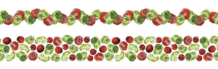 Two seamless borders of green bell pepper and red tomatoes, isolated on white. Watercolour illustration. For menu, recipe, cookbook, duct tape, stationery and packaging design.