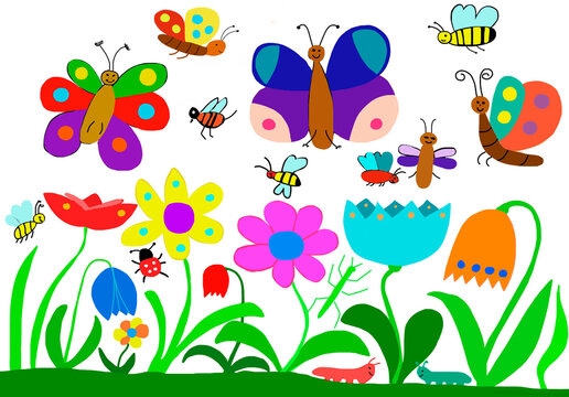Child's drawing of insects on flower meadow