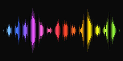 Vibrant rainbow colorful vector sound waves flow isolated on black background for music or presentation background. Spectral color music frequency.