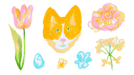Set of spring flowers with Corgi hand drawn wax crayons in children's style.Textured,floral collection of illustrations with pastel pencils on white isolated background.Designs for banners.