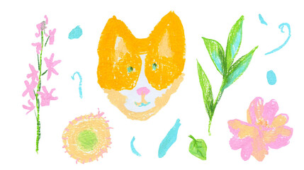Set of spring flowers with Corgi hand drawn wax crayons in children's style.Textured,floral collection of illustrations with pastel pencils on white isolated background.Designs for banners.