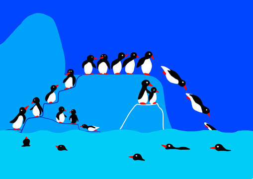 Child's drawing of penguins on iceberg jumping into water