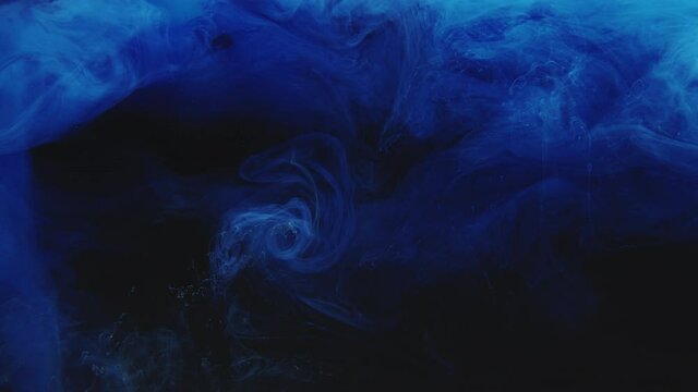 Color smoke blast. Logo reveal. Ink water drop. Undersea splash. Blue fume cloud explosion animation on black background for intro transition.