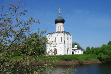 Russia, Bogolyubovo - May, 2021: Church of the Intercession on the Nerl. Orthodox church and a symbol of medieval Russia, Vladimir region