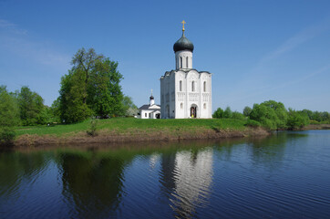 Russia, Bogolyubovo - May, 2021: Church of the Intercession on the Nerl. Orthodox church and a symbol of medieval Russia, Vladimir region
