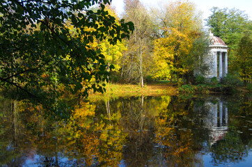 BYKOVO, MOSCOW REGION, RUSSIA - October, 2020: Manor Bykovo. Gazebo in the park on the lake