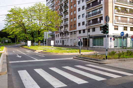 Italy, Milan, Empty zebra crossing at Piazza della Repubblica during COVID-19 outbreak