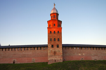 VELIKY NOVGOROD, RUSSIA - July, 2021: Novgorod Kremlin, Kokuy tower at sunset