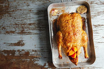 Roasted whole duck with vegetables