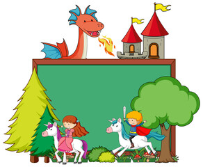 Empty chalkboard banner with fairy tale cartoon character and elements isolated