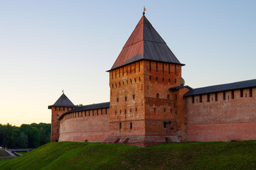 Fototapeta na wymiar VELIKY NOVGOROD, RUSSIA - July, 2021: Novgorod Kremlin, walls and towers on a sunny summer day