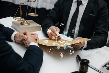 Concepts of Law and Legal services. Lawyer working with law interface icons. Blurred background.