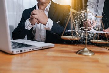 Concepts of Law and Legal services. Lawyer working with law interface icons. Blurred background.