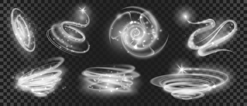 Glow white magic light with sparkle particles effect. Swirl, circle, vortex and spiral of shine. Star or comet with motion trail vector set