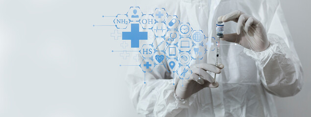 Medicine doctor using digital healthcare and network connection on hologram modern virtual screen...