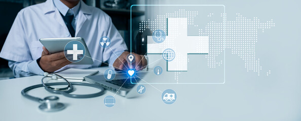Obraz na płótnie Canvas Medicine doctor using digital healthcare and network connection on hologram modern virtual screen interface icons, Medical technology futuristic concept.