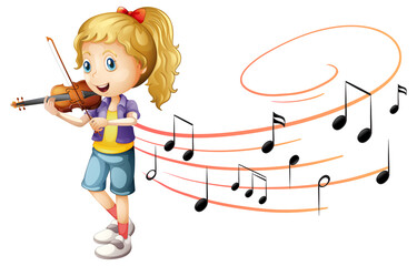 A girl playing violin with melody symbols on white background