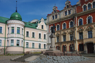 Vyborg, Russia - July, 2021: Old Town Hall Square, Monument to Torgils Knutsson