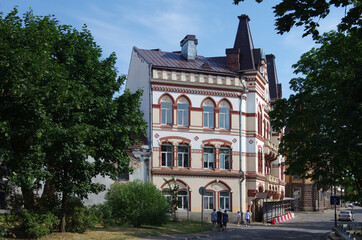 Vyborg, Russia - July, 2021: Pedagogical school, Vyborgskaya street, 2