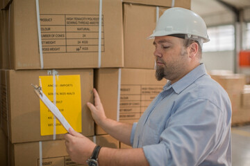 Man wearing hard hat checking delivery in factory