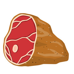 Piece of raw meat. Cut off half beef piece. Cartoon illustration. Element of kitchen, grill, BBQ, steak and delicious meal. Brown fried surface. Fresh red food with streaks and fat