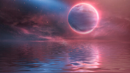 Naklejka na ściany i meble Futuristic fantasy landscape, sci-fi landscape with planet, neon light, cold planet. Galaxy, unknown planet. Dark natural scene with light reflection in water. Neon space galaxy portal. 3d 