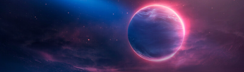 Futuristic fantasy landscape, sci-fi landscape with planet, neon light, cold planet. Galaxy, unknown planet. Dark natural scene with light reflection in water. Neon space galaxy portal. 3d 