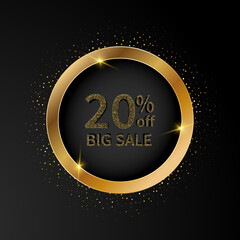 Big sale 20 percent discount in gold frame on black background, advertising design