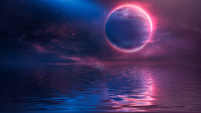 Futuristic fantasy landscape, sci-fi landscape with planet, neon light, cold planet. Galaxy, unknown planet. Dark natural scene with light reflection in water. Neon space galaxy portal. 3d 